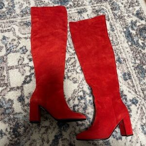 DUNE LONDON Selsie Red Suede Tall 70’s Block Heel Boots